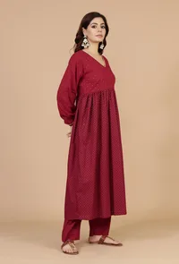 Set of 2: Maroon Printed Empire Kurta & Solid Cotton Pants image 2