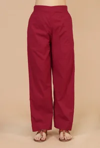 Set of 2: Maroon Printed Empire Kurta & Solid Cotton Pants image 4