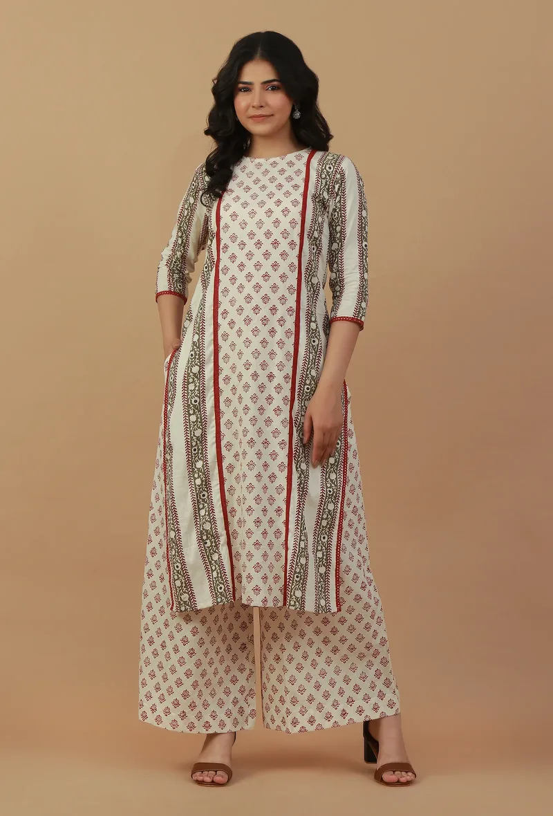 Set of 2: Off-White Printed Kurta with Matching Palazzo Pants