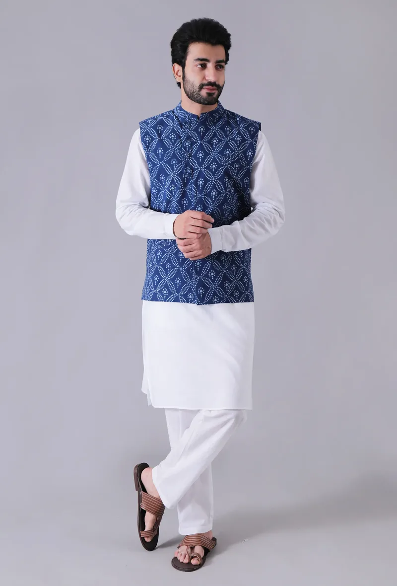 Set Of 3-Hand Block Printed Button Down Nehru Jacket With Plain White Cotton Kurta And Plain White Cotton Straight Pants