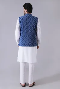 Set Of 3-Hand Block Printed Button Down Nehru Jacket With Plain White Cotton Kurta And Plain White Cotton Straight Pants image 2