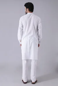 Set Of 3-Hand Block Printed Button Down Nehru Jacket With Plain White Cotton Kurta And Plain White Cotton Straight Pants image 3