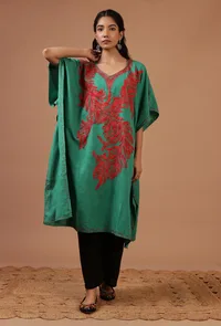 Light Sea Green Cotton Crush Ari Embroidered Kaftan- Free Size image 1