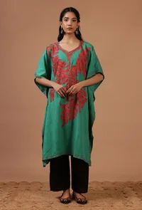 Light Sea Green Cotton Crush Ari Embroidered Kaftan- Free Size image 2