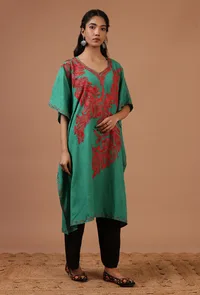 Light Sea Green Cotton Crush Ari Embroidered Kaftan- Free Size image 3