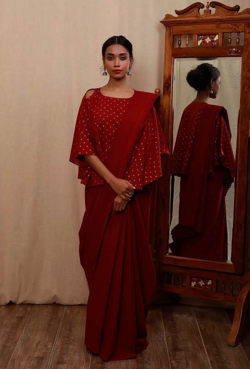 Red Cold Shoulders Gold Block Print Flared Blouse