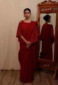 Red Cold Shoulders Gold Block Print Flared Blouse image 1