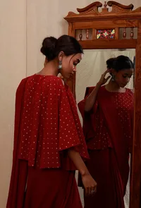 Red Cold Shoulders Gold Block Print Flared Blouse image 2