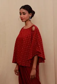 Red Cold Shoulders Gold Block Print Flared Blouse image 3