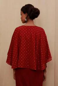 Red Cold Shoulders Gold Block Print Flared Blouse image 4