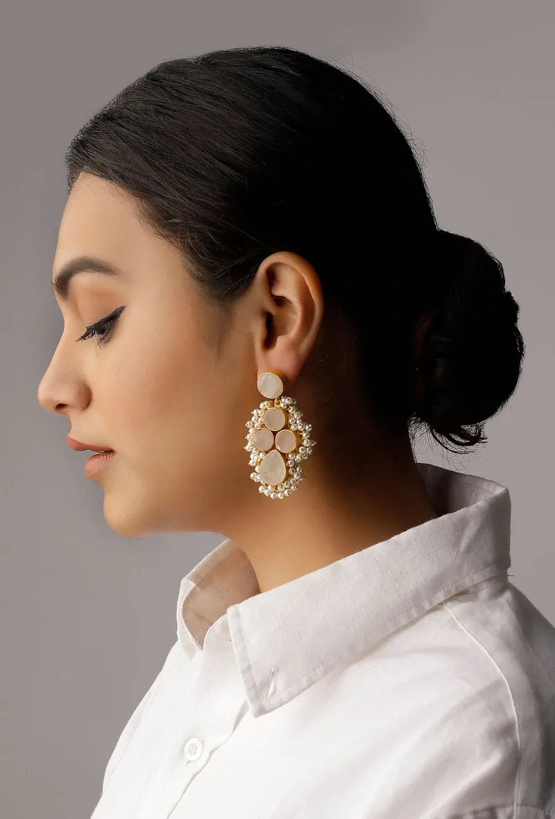 Pastel Pink Gold Stone Pearl Earrings