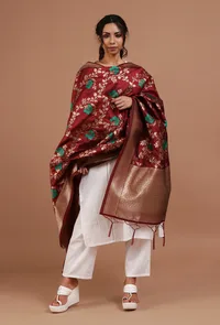 Maroon Color Semi Silk Dupatta With Zari Weaving image 1