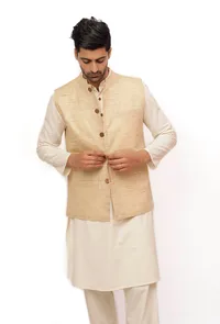 Alabaster Beige Ghicha Silk Nehru Jacket image 1