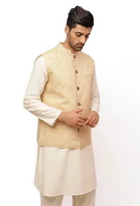 Alabaster Beige Ghicha Silk Nehru Jacket image 3
