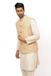 Alabaster Beige Ghicha Silk Nehru Jacket image 4