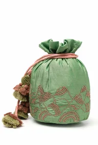Light Green Dupion Silk Potli with Pink Strings image 3