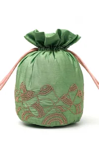 Light Green Dupion Silk Potli with Pink Strings image 4