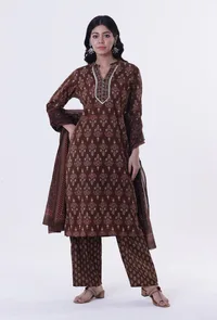 Set Of 3: Brown & Multicolor Cotton Block Printed Kurta, Pant & Dupatta image 1