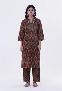 Set Of 3: Brown & Multicolor Cotton Block Printed Kurta, Pant & Dupatta image 3