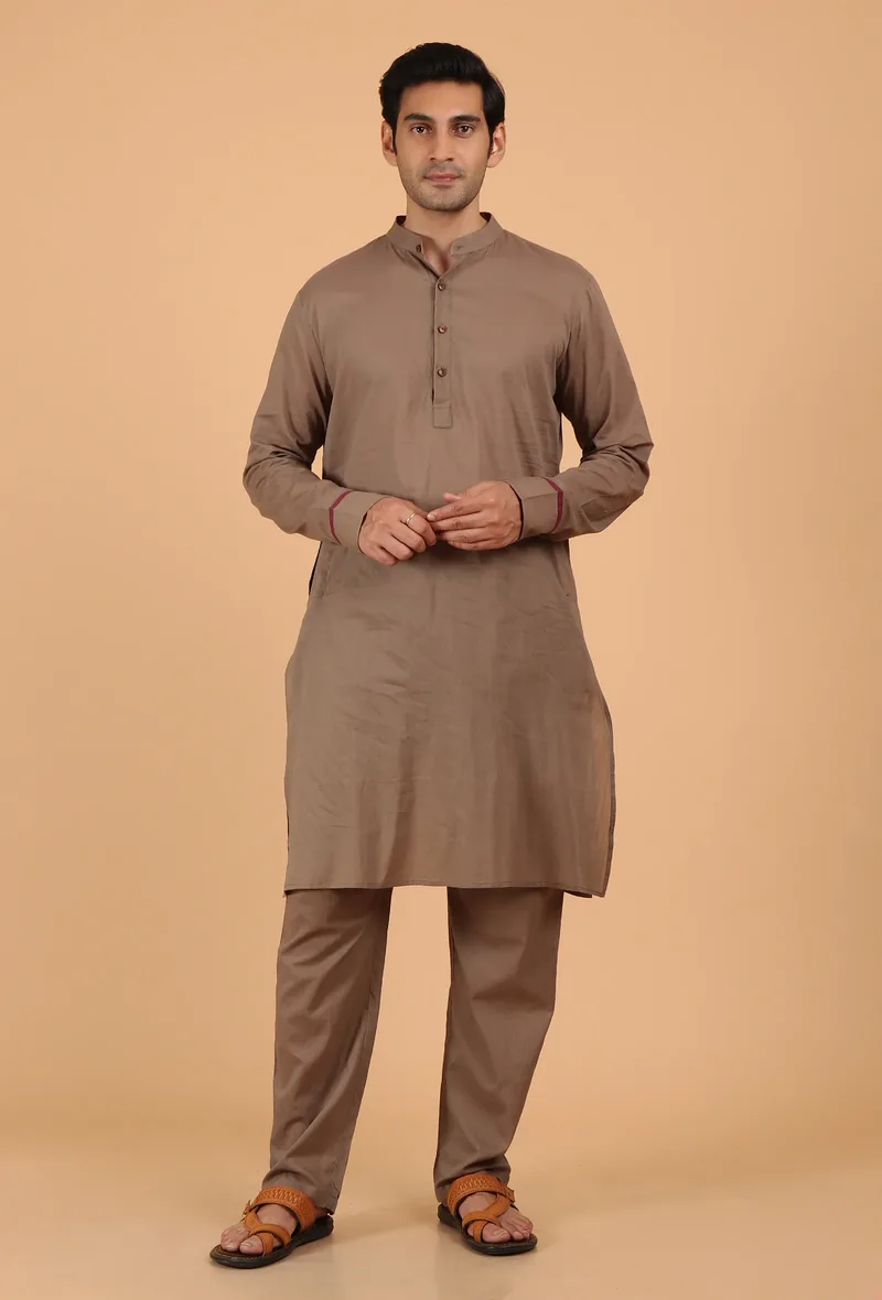 Greyish Brown Cotton Mulmul Kurta & Pant