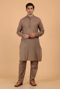 Greyish Brown Cotton Mulmul Kurta & Pant image 1