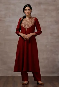 Set of 2: Lata Maroon Woollen A-Line Kurta With Wool Pants image 1