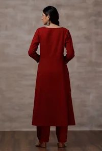 Set of 2: Lata Maroon Woollen A-Line Kurta With Wool Pants image 2
