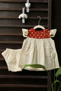 Red & White Dress with Off White Shorts in Bamboo Fabric image 2