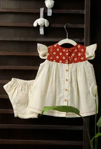 Red & White Dress with Off White Shorts in Bamboo Fabric image 3