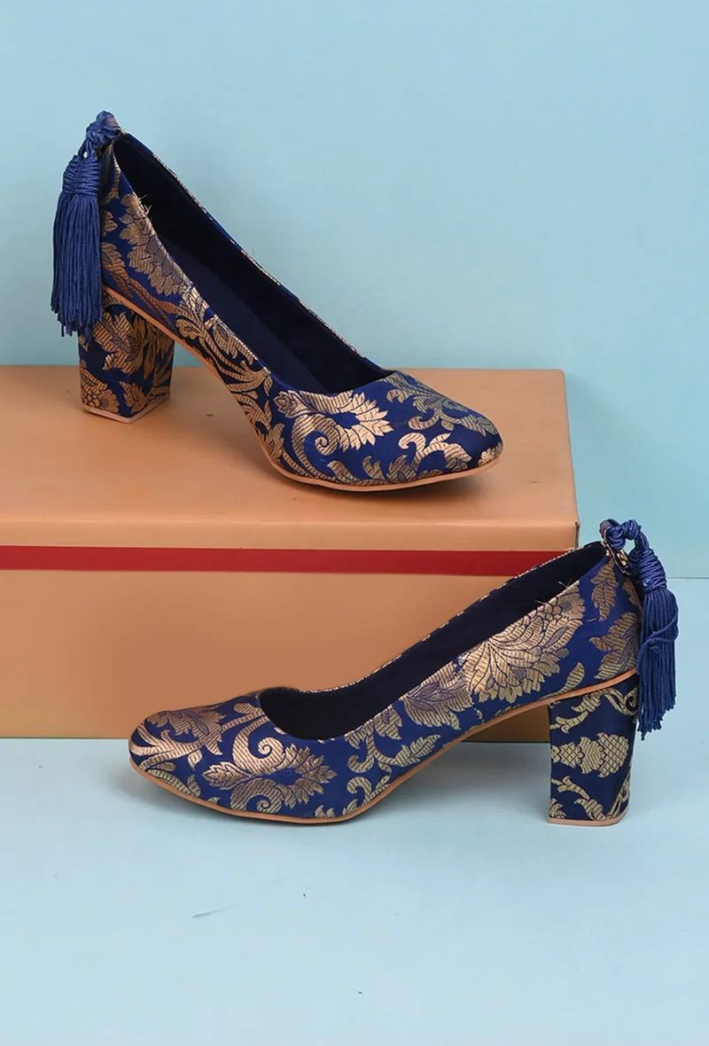 Blue Brocade Block Heel