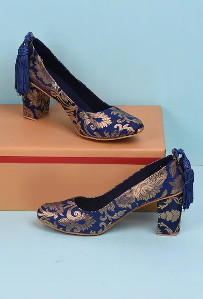 Blue Brocade Block Heel