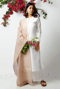 Set of 3: The Kingly Beige Kota Dupatta matched with The Flawless White Kota Kurta and WhitePant image 1