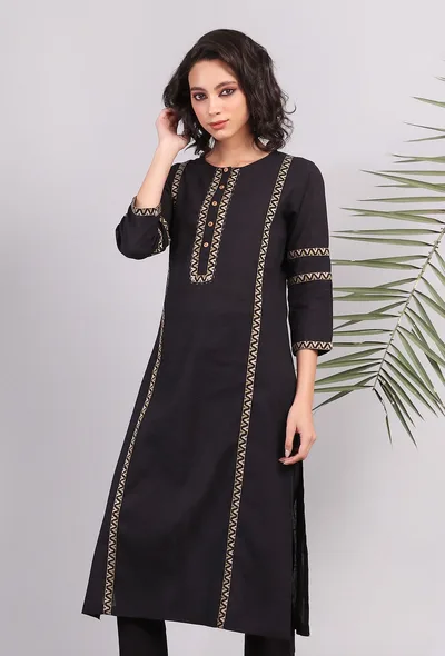Black Kantha Embroidered Cotton Kurta