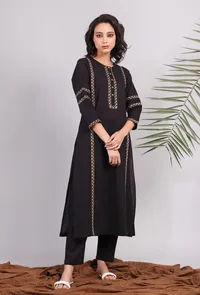 Black Kantha Embroidered Cotton Kurta image 2