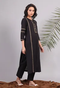 Black Kantha Embroidered Cotton Kurta image 3