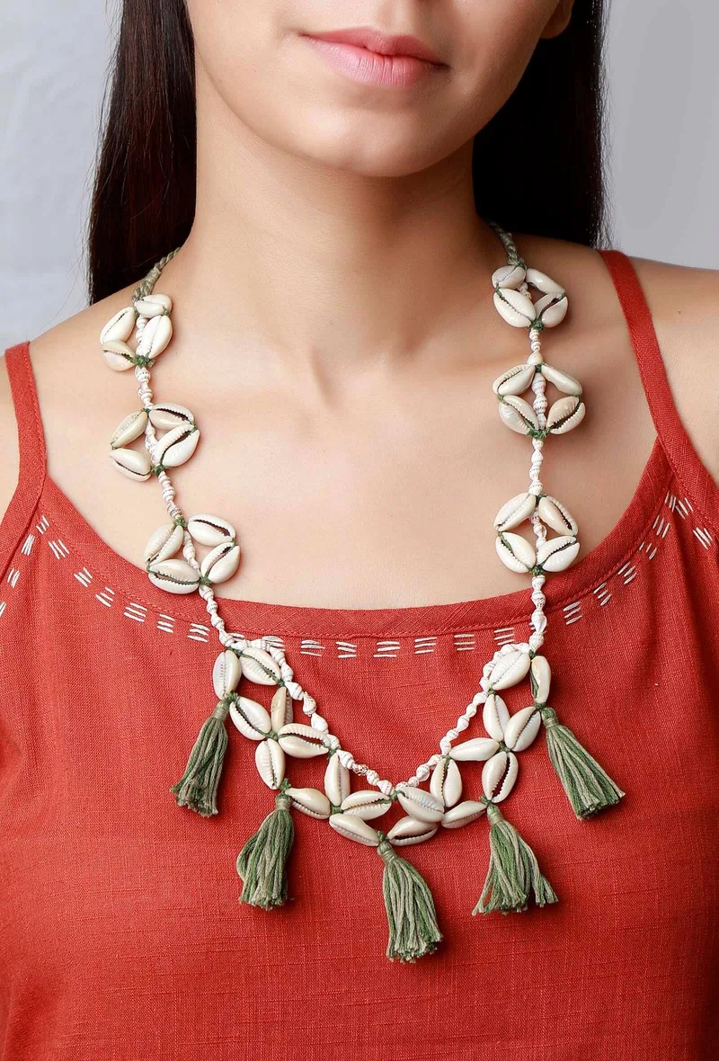 Green Thread Cowrie Shell Necklace