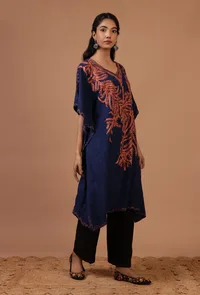 Blue Cotton Crush Ari Embroidered Kaftan- Free Size image 3