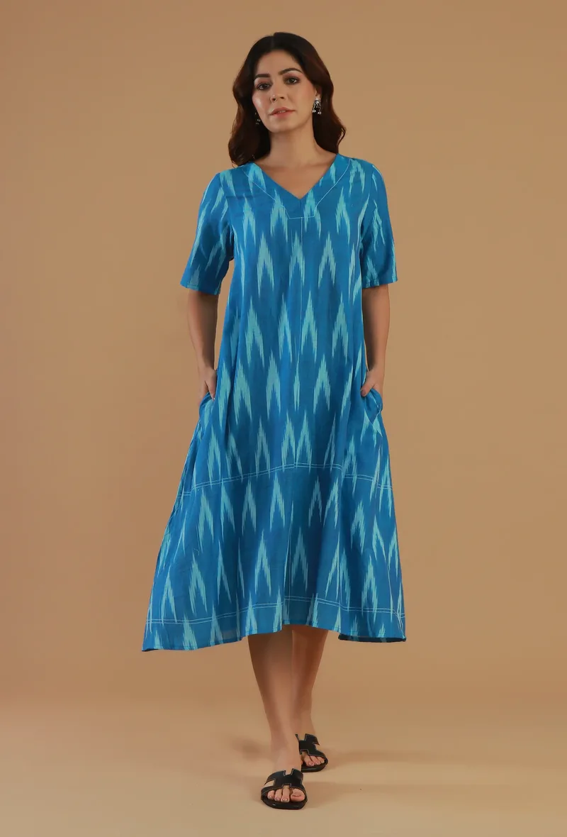 Blue Ikat Cotton A-Line Dress