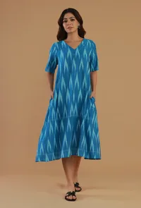 Blue Ikat Cotton A-Line Dress image 1