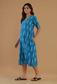 Blue Ikat Cotton A-Line Dress image 2