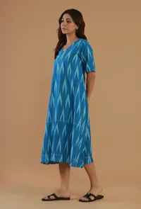 Blue Ikat Cotton A-Line Dress image 3