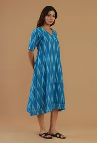 Blue Ikat Cotton A-Line Dress image 4