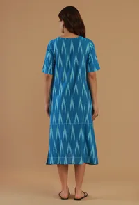 Blue Ikat Cotton A-Line Dress image 5