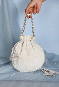 Snowy White Chikankari Georgette Potli image 1