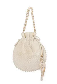 Snowy White Chikankari Georgette Potli image 3