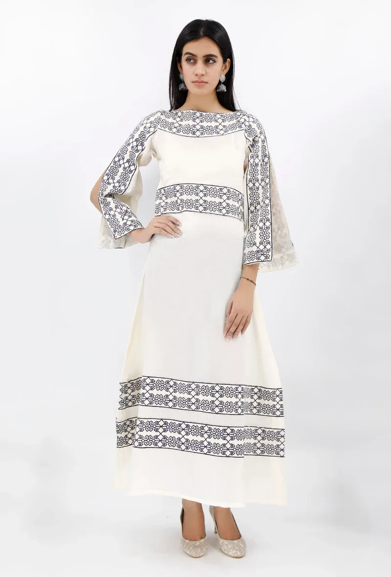 Cotton Dress With Blue Cross Stitch Embroidery