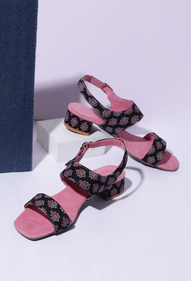 Black Floral  Cotton Ajrakh Strappy Block Heel