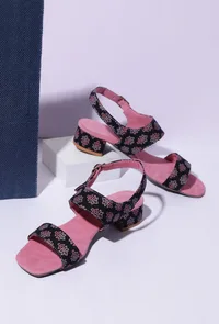 Black Floral  Cotton Ajrakh Strappy Block Heel image 1