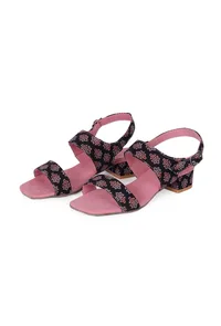 Black Floral  Cotton Ajrakh Strappy Block Heel image 2