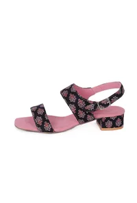Black Floral  Cotton Ajrakh Strappy Block Heel image 3